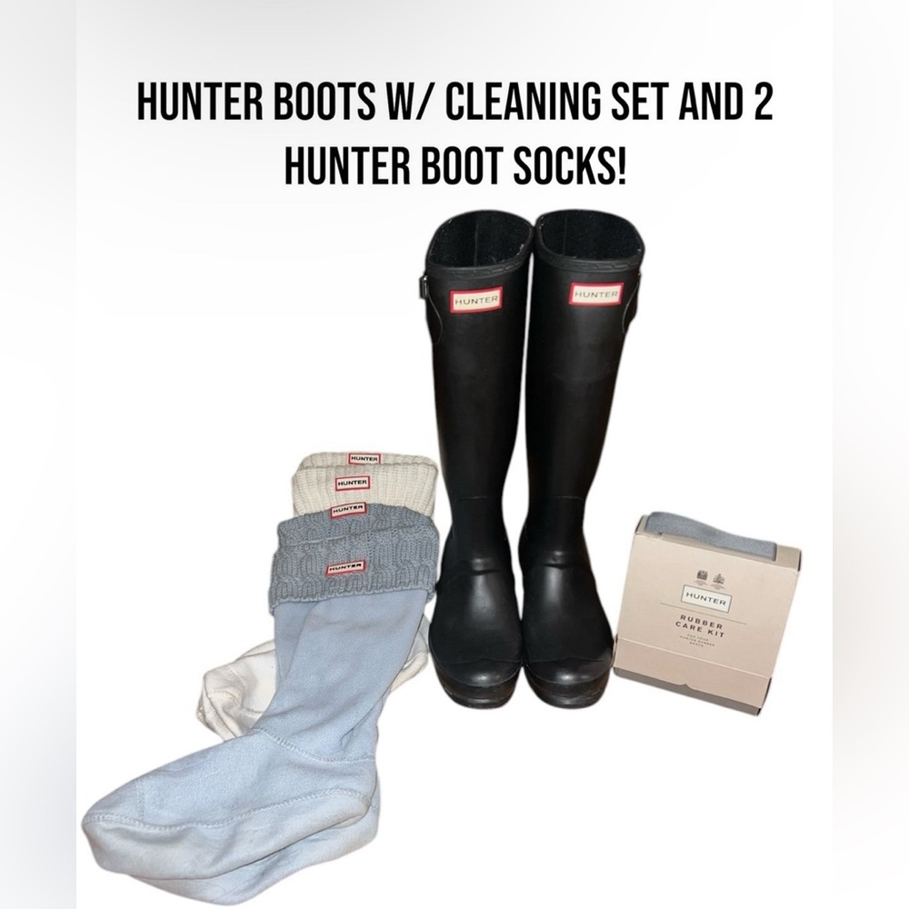 Hunter original tall black rain boots + cleaning set + 2 Hunter Boot Socks! SZ 9